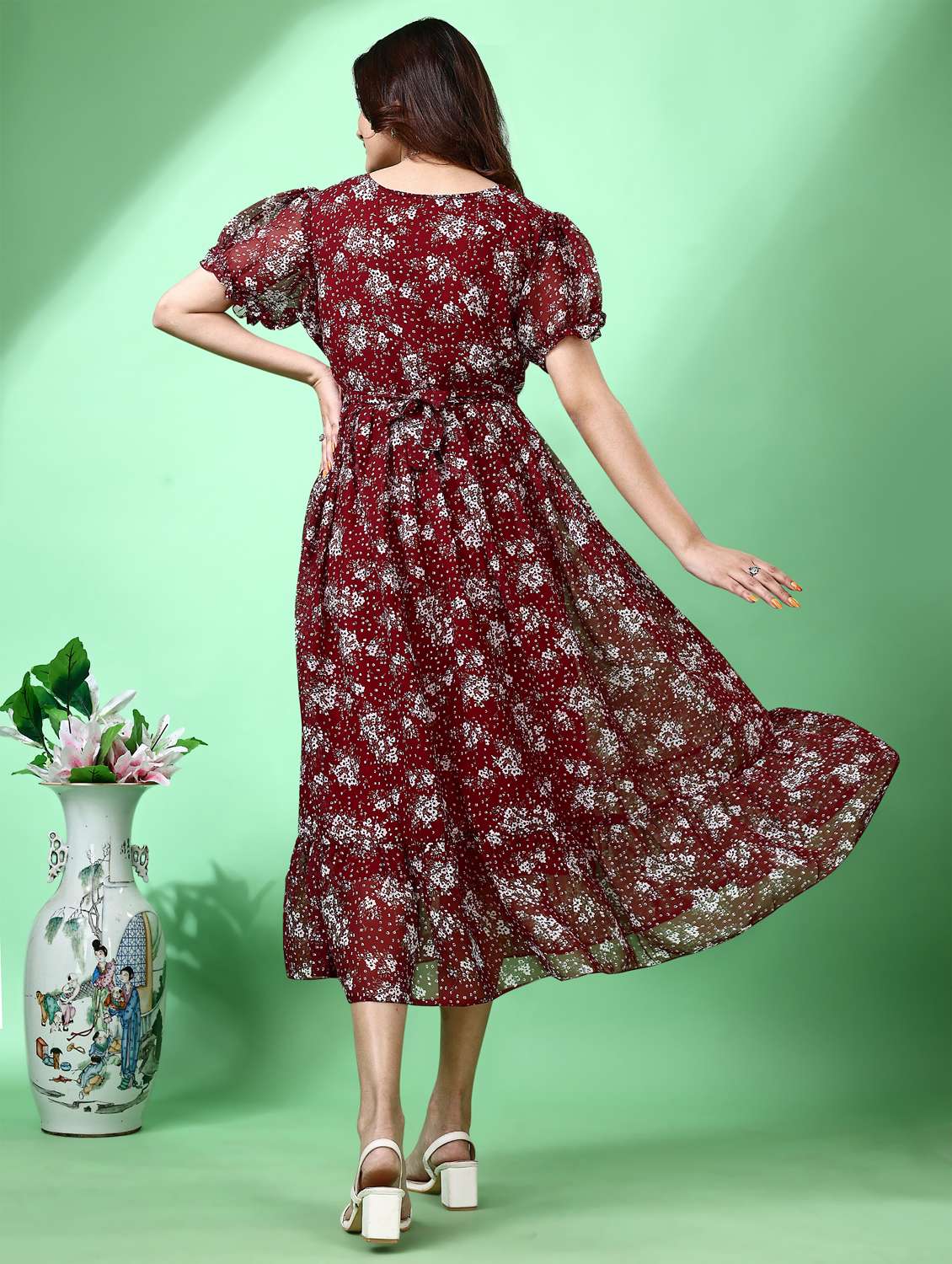 women floral print puff sleeve tiered dress - 21972243 -  Standard Image - 3