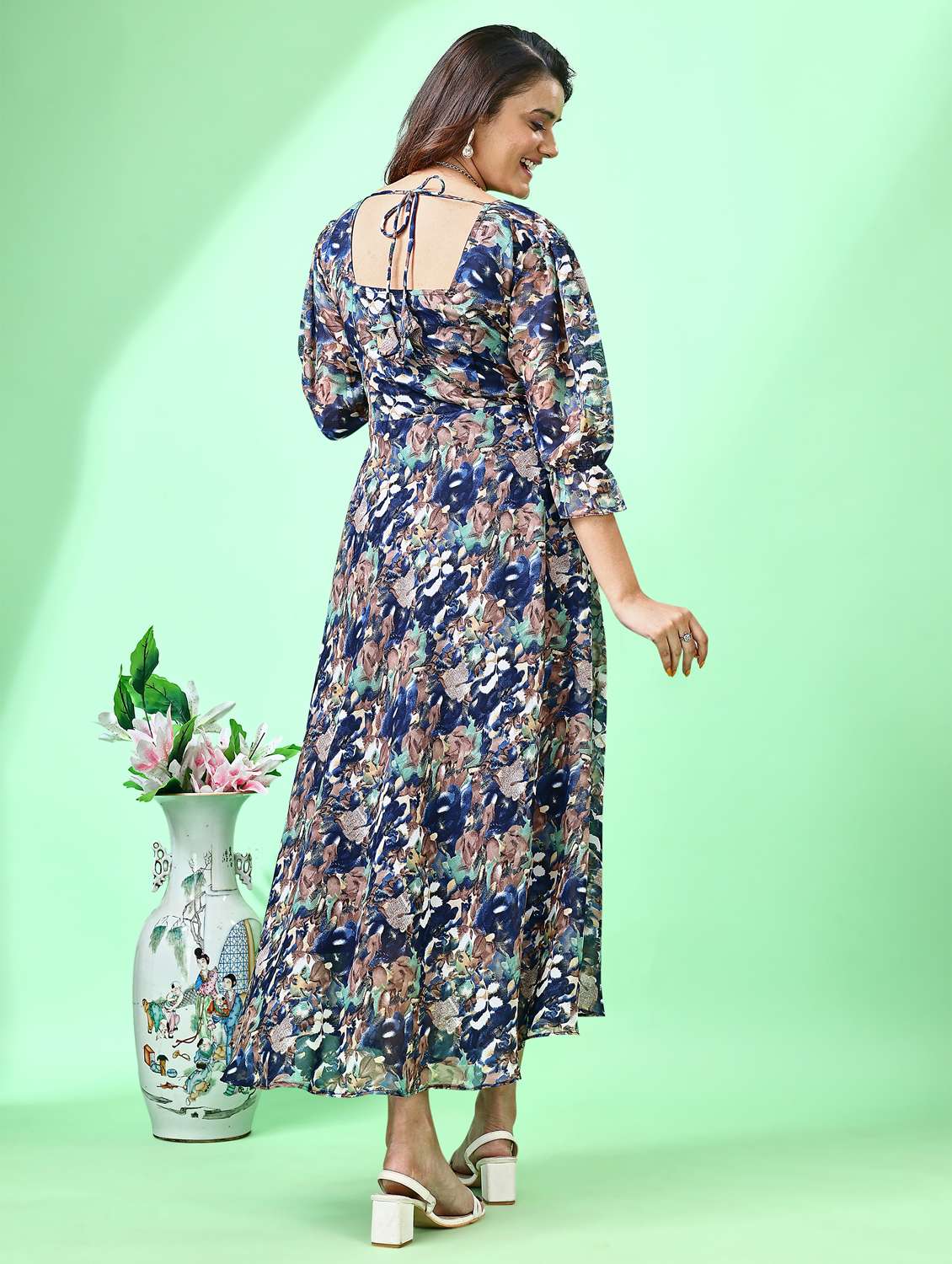 women floral print puff sleeve fit & flare dress - 21972244 - Standard Image - 3