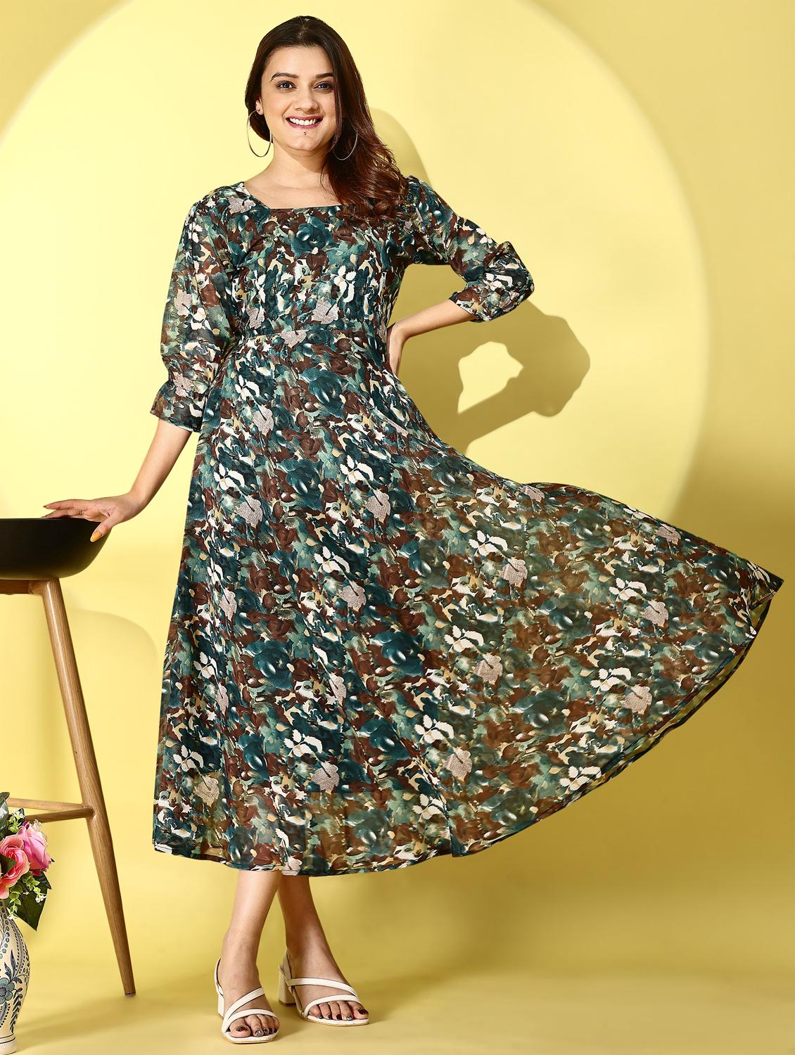 women printed puff sleeve fit & flare dress - 21972245 - Standard Image - 3
