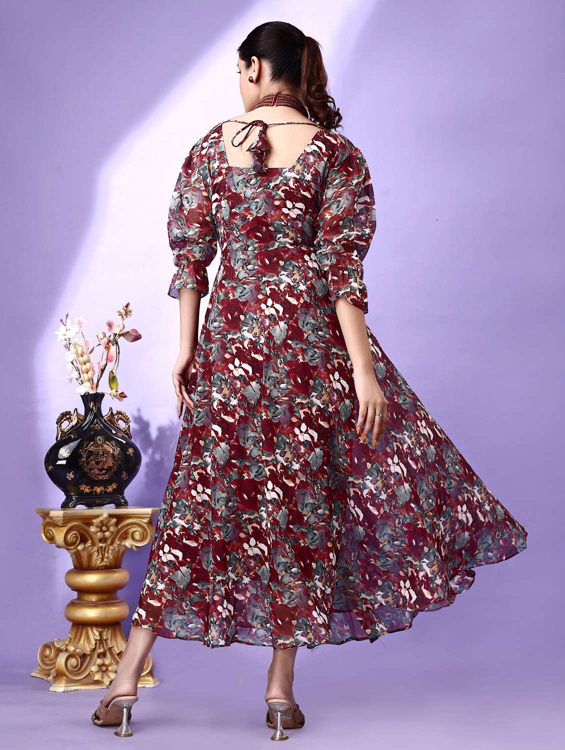 women printed puff sleeve fit & flare maxi dress - 21972246 -  Standard Image - 3