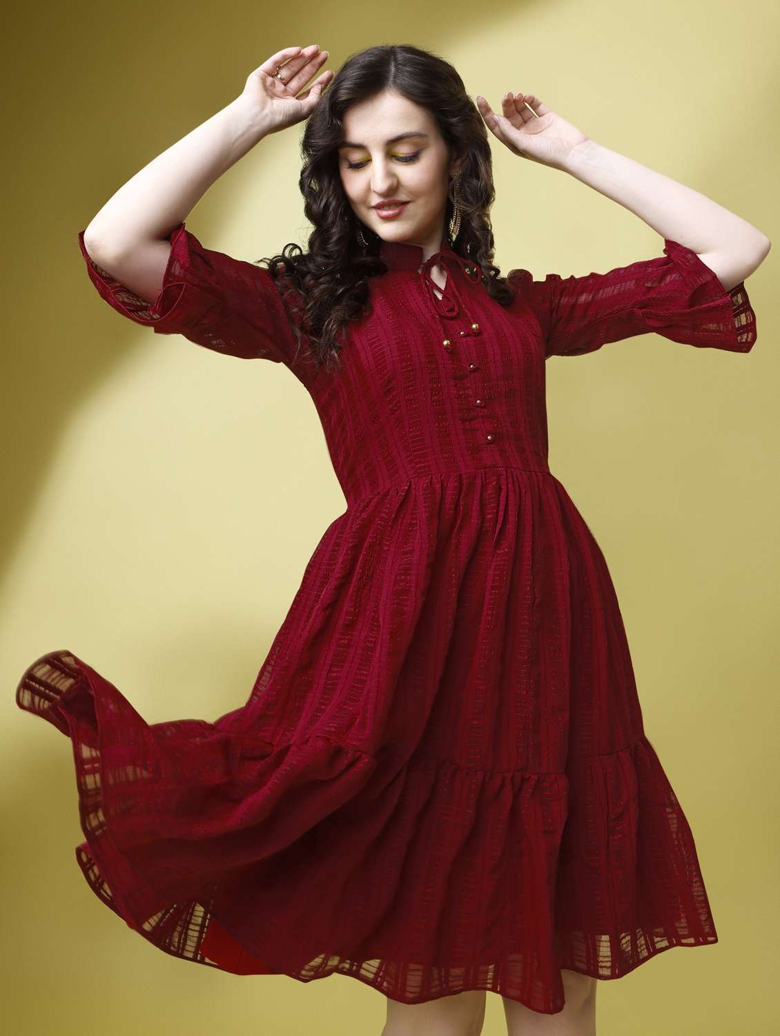 women maroon solid bell sleeve tiered dress - 21972249 -  Standard Image - 3