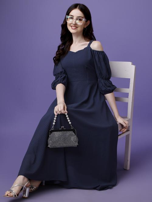 women blue solid cold shoulder fit & flare dress - 21972251 - Standard Image - 0