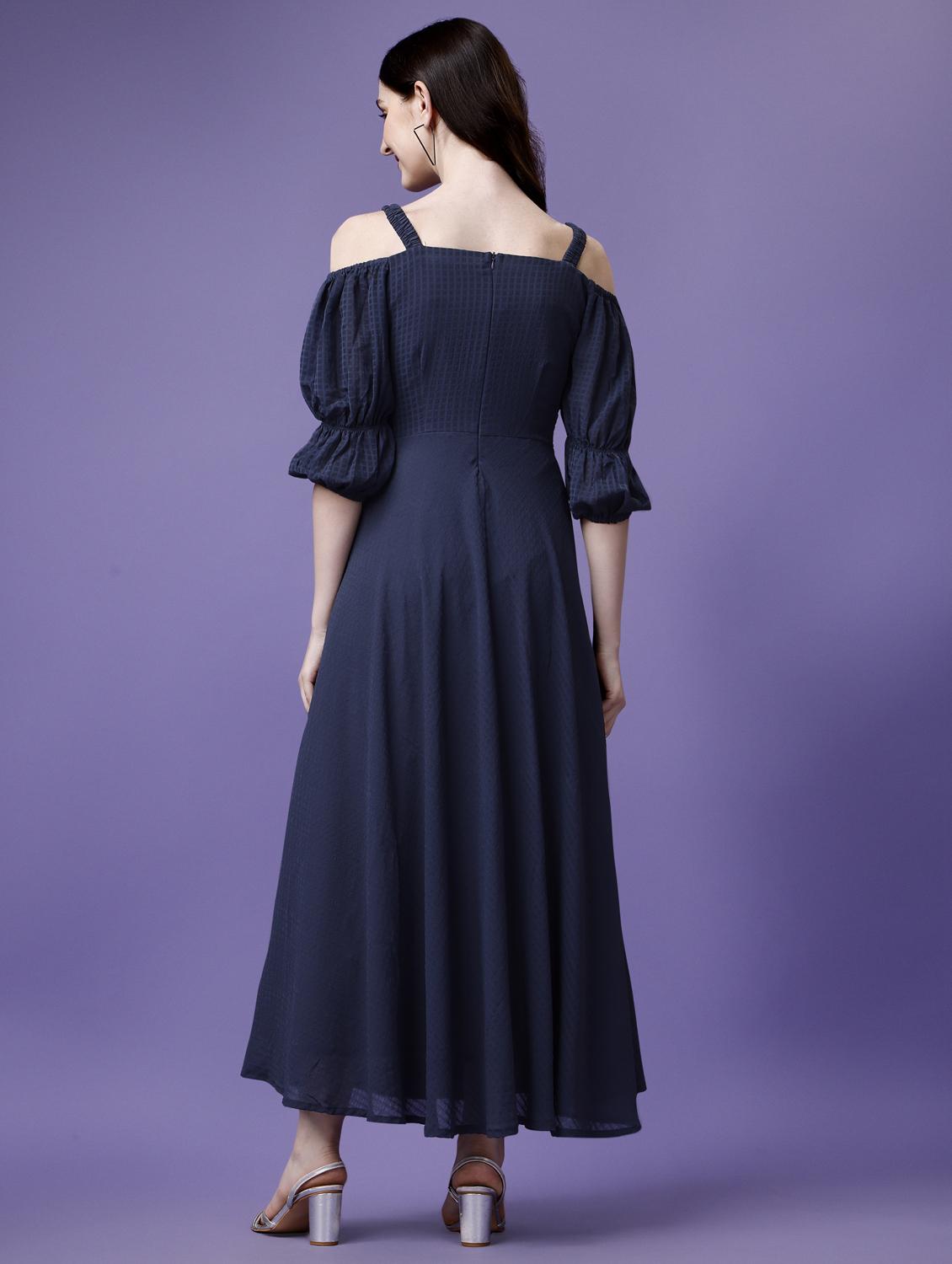 women blue solid cold shoulder fit & flare dress - 21972251 - Standard Image - 3