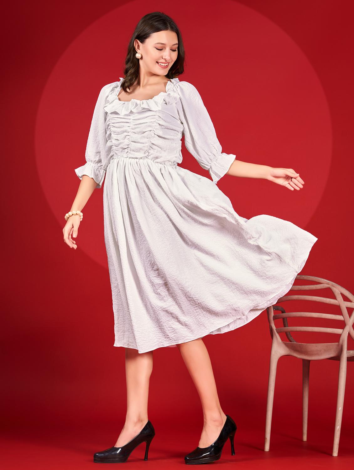 women self designed puff sleeve fit & flare dress - 21972253 - Standard Image - 3