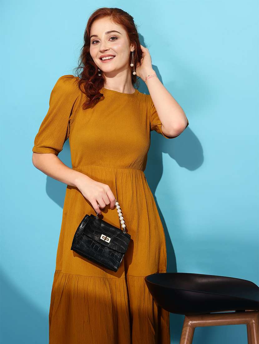 women solid puff sleeve tiered dress - 21972258 -  Standard Image - 3