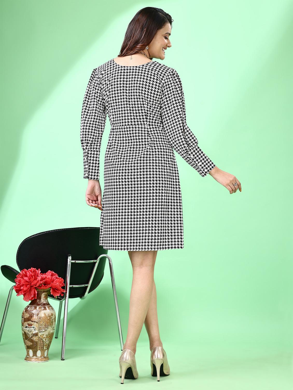 women houndstooth print puff sleeve fit & flare dress - 21972260 - Standard Image - 3