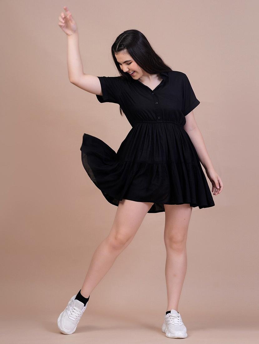 women black solid short sleeve tiered dress - 21972261 - Standard Image - 3