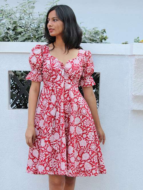 women printed puff sleeve fit & flare dress - 21972262 - Standard Image - 0