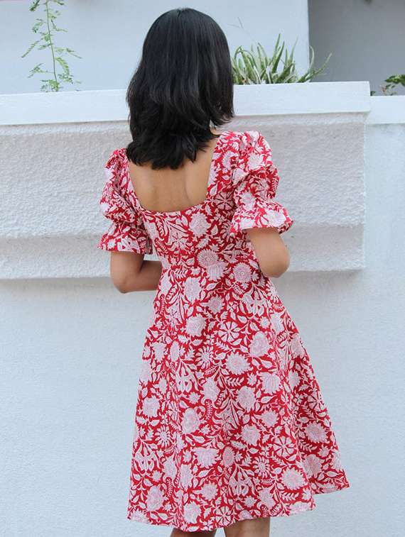women printed puff sleeve fit & flare dress - 21972262 - Standard Image - 3