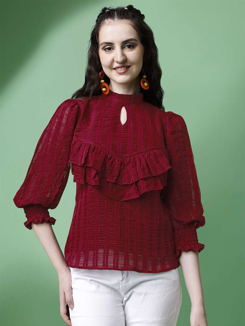 women maroon self designed puff sleeve top