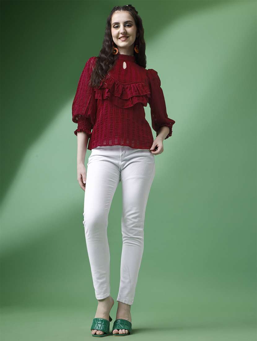 women maroon self designed puff sleeve top - 21972265 -  Standard Image - 3