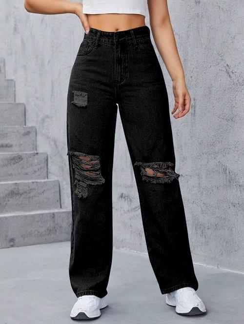 women solid high rise distressed straight fit jeans - 21972267 - Standard Image - 0