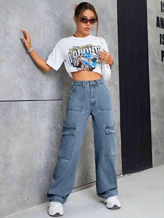 women solid high rise baggy cargo - 21972273 -  Standard Image - 5