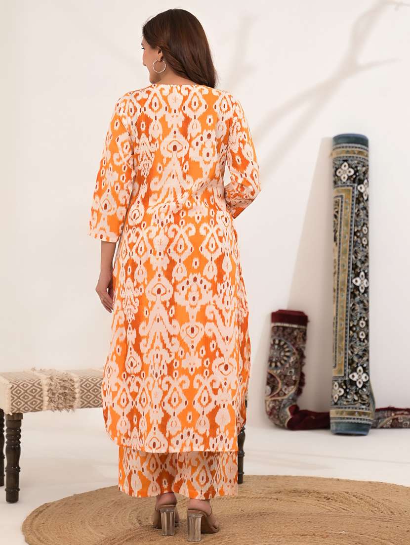 women ikat printed three quarter sleeve kurta pant set - 21972306 -  Standard Image - 3