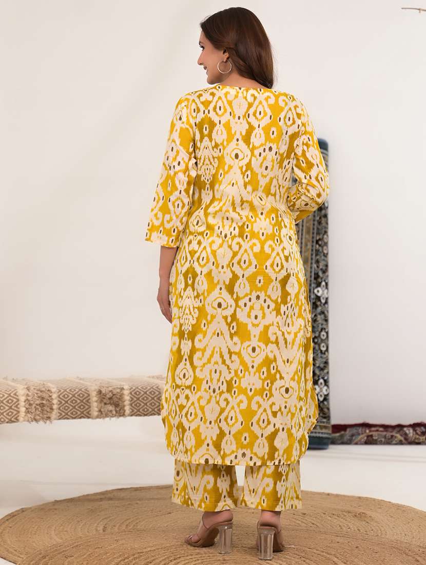 women ikat printed three quarter sleeve kurta pant set - 21972319 - Standard Image - 3