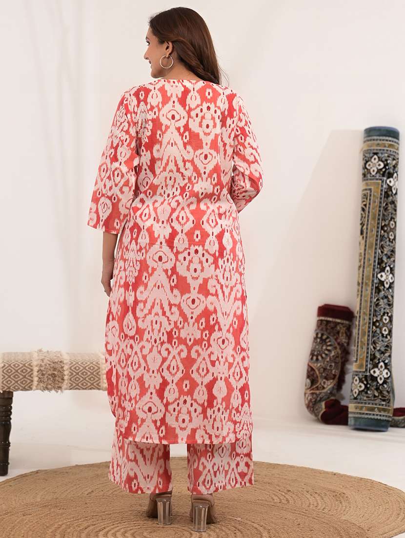 women ikat printed three quarter sleeve kurta pant set - 21972320 - Standard Image - 3