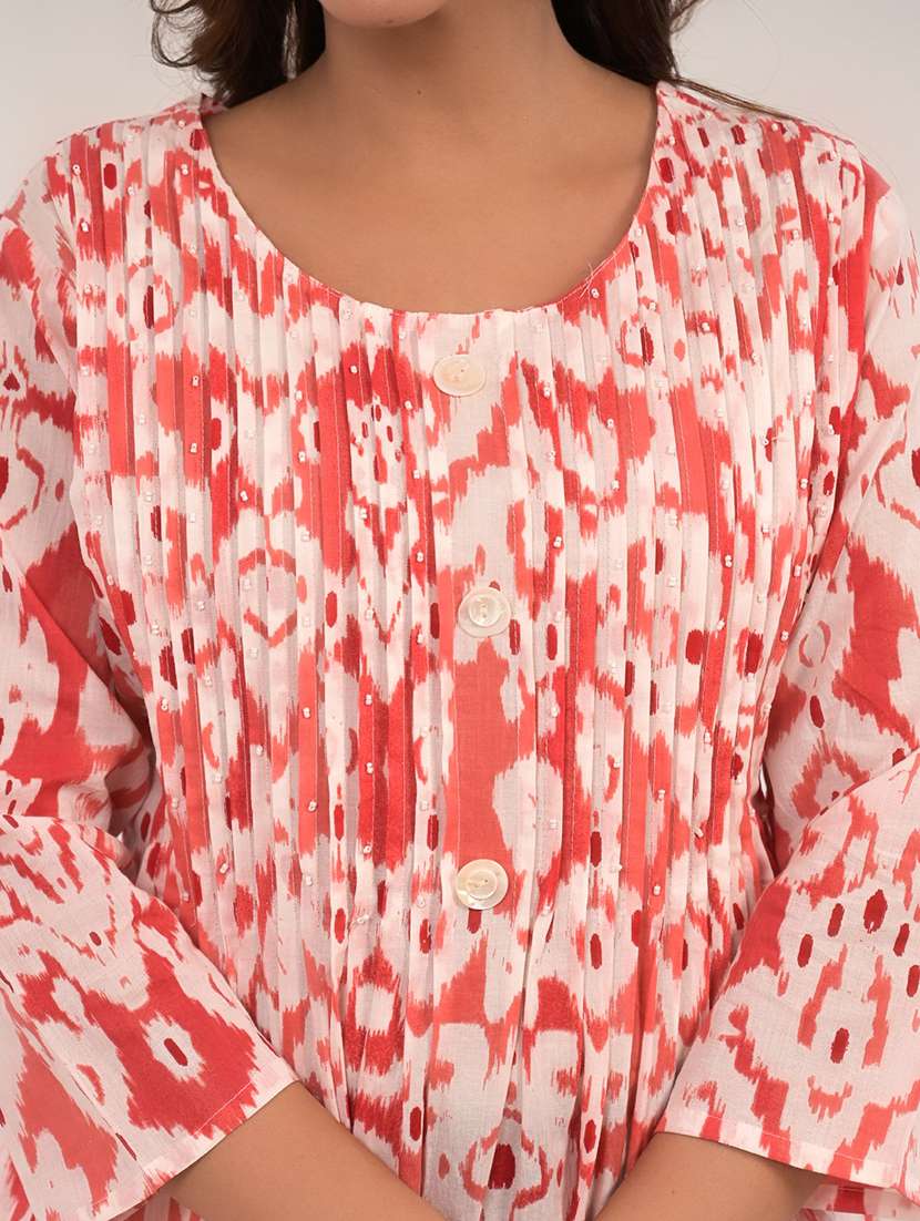women ikat printed three quarter sleeve kurta pant set - 21972320 - Standard Image - 5
