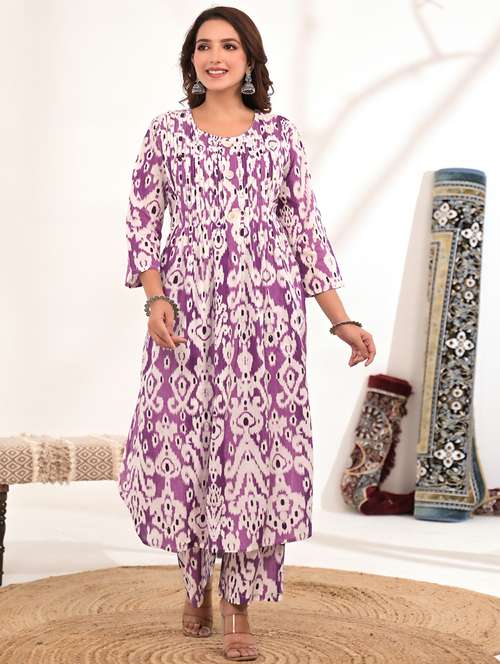 women ikat printed three quarter sleeve kurta pant set - 21972321 - Standard Image - 0