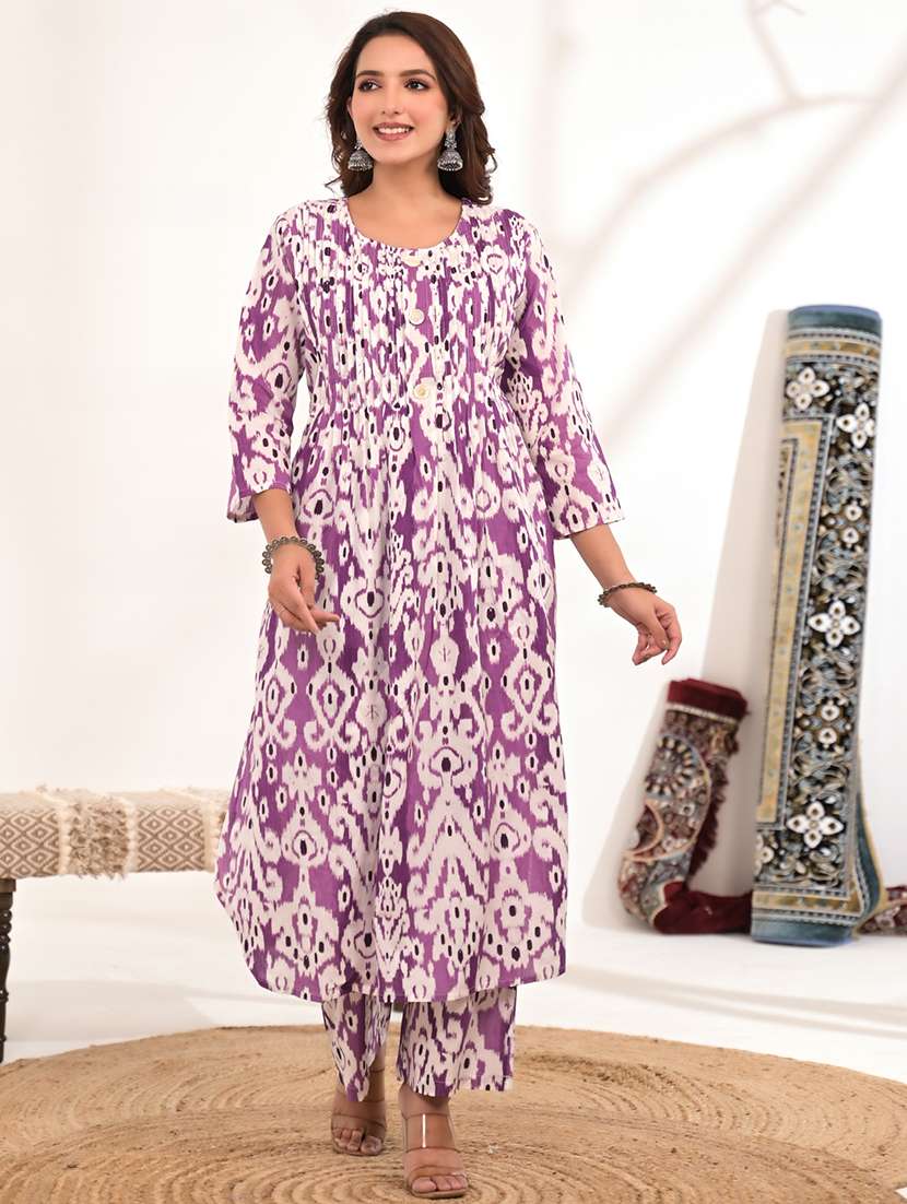 women ikat printed three quarter sleeve kurta pant set - 21972321 - Zoom Image - 0