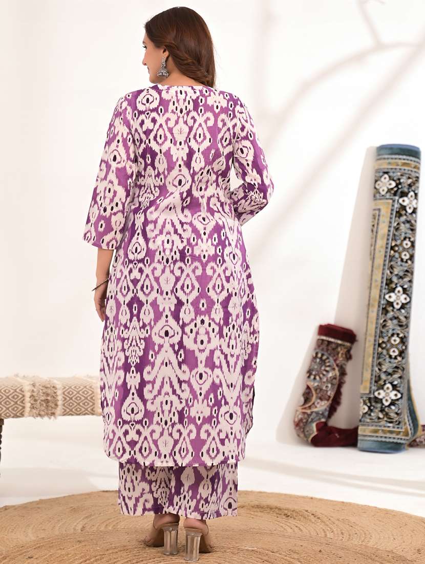 women ikat printed three quarter sleeve kurta pant set - 21972321 - Standard Image - 3