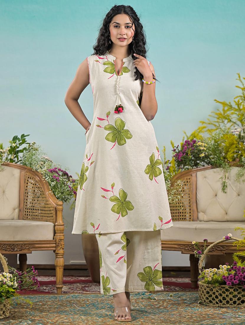 women floral printed sleeveless kurta pant set