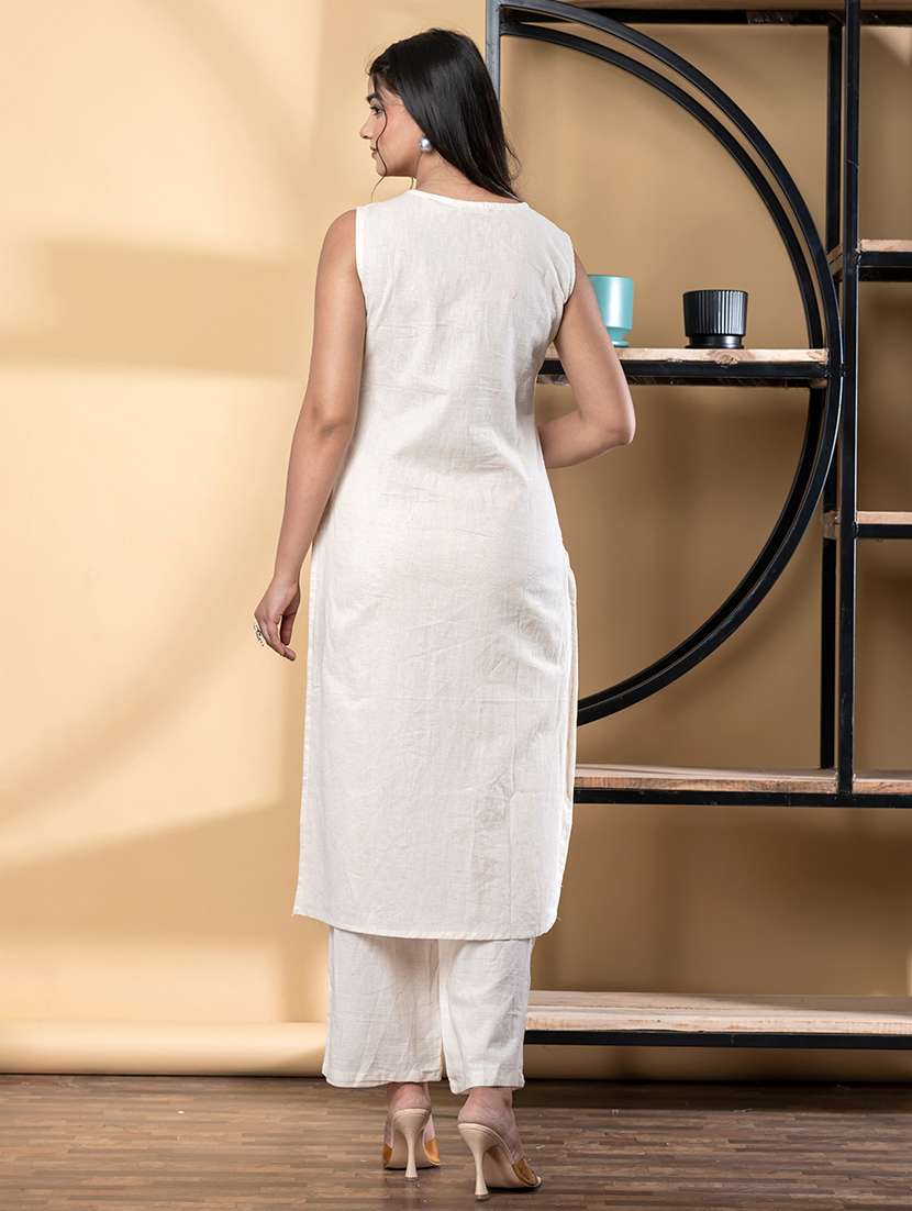 women solid with work sleeveless kurta pant set - 21972329 -  Standard Image - 3