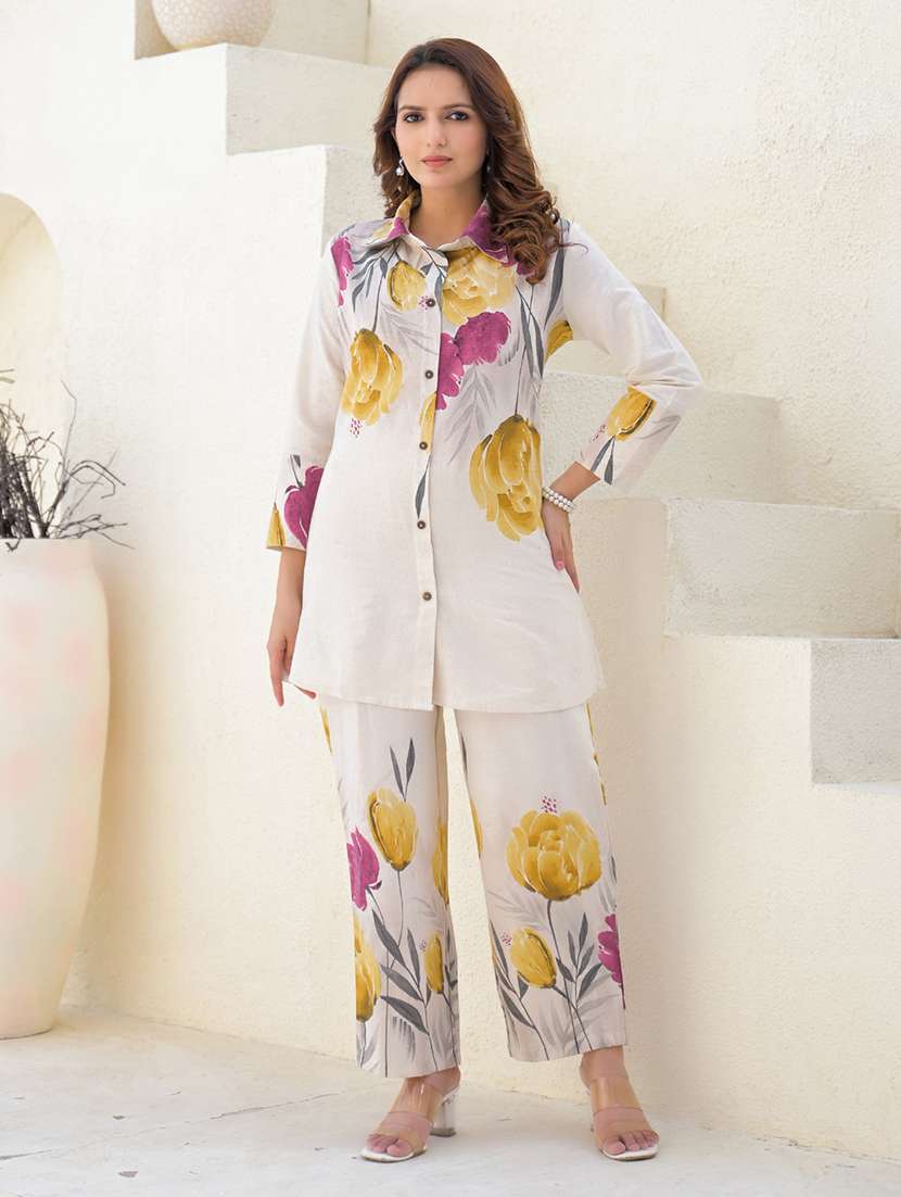 women floral printed three quarter sleeve ethnic co-ord set