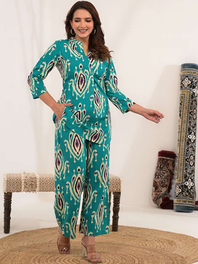 women ikat printed three quarter sleeve ethnic co-ord set