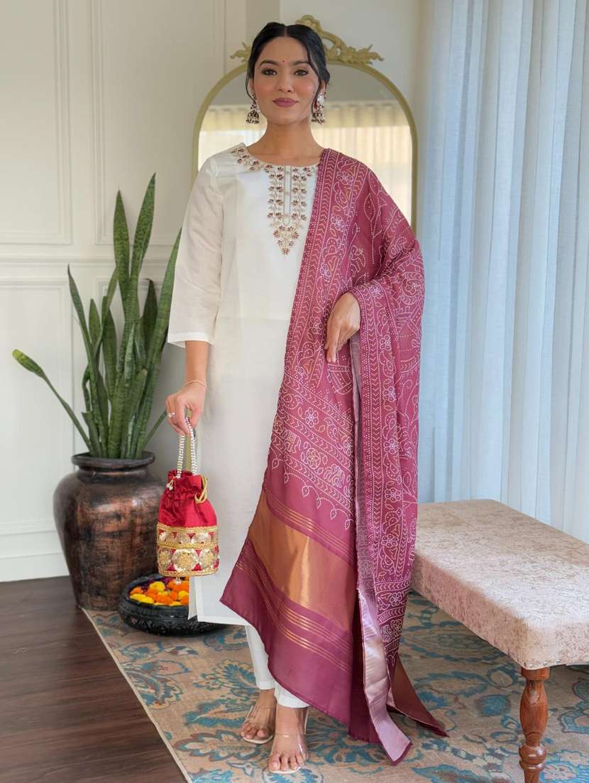 women three quarter sleeve kurta pant with dupatta set