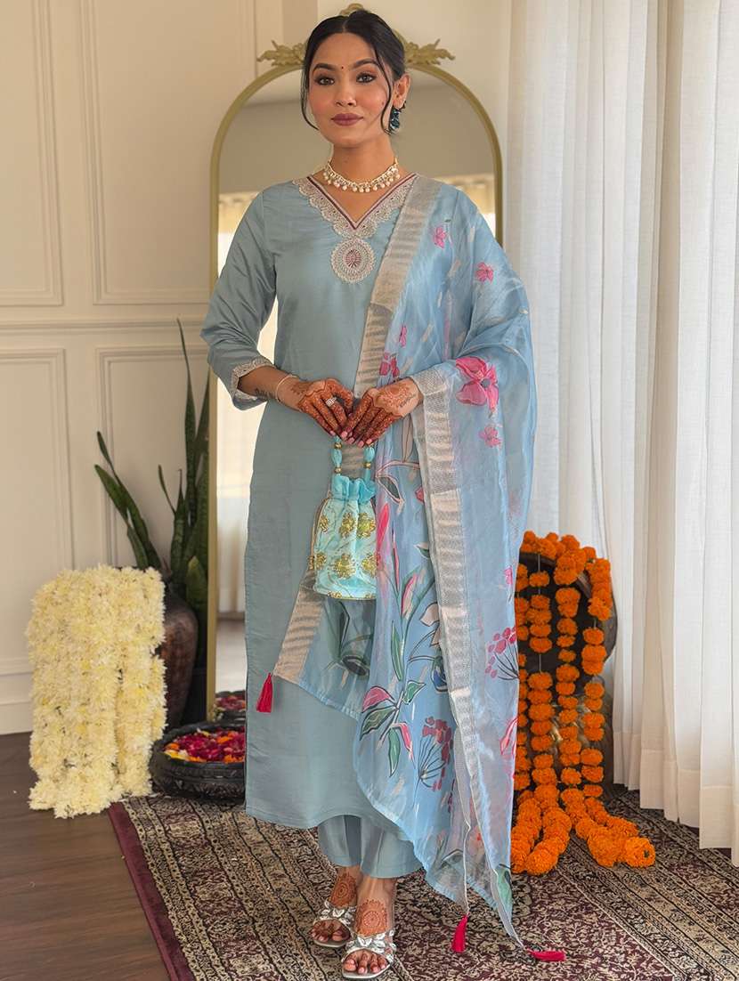 women three quarter sleeve kurta pant with dupatta set