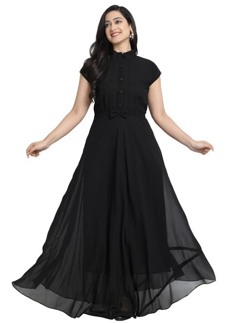 women solid mandarin neck fit & flare maxi dress - 21972565 - Standard Image - 0