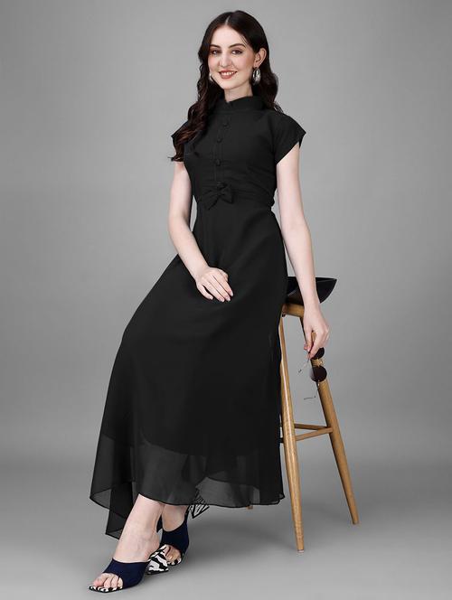 women solid mandarin neck fit & flare maxi dress - 21972568 -  Standard Image - 0