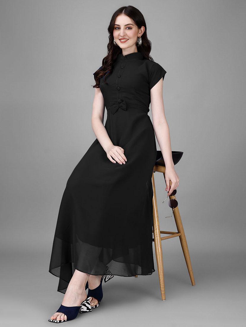 women solid mandarin neck fit & flare maxi dress - 21972568 -  Zoom Image - 0