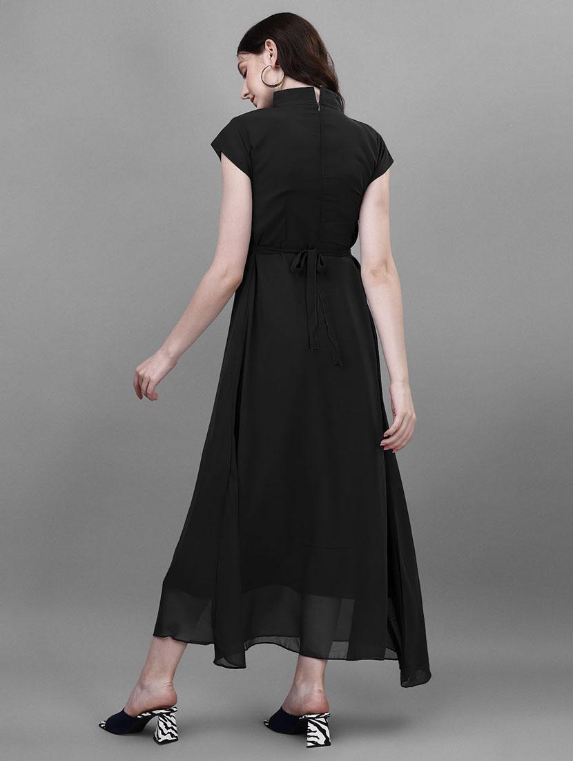 women solid mandarin neck fit & flare maxi dress - 21972568 - Standard Image - 3