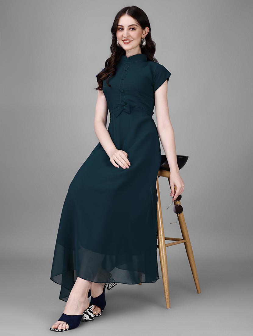 women solid mandarin neck fit & flare maxi dress - 21972569 -  Zoom Image - 0