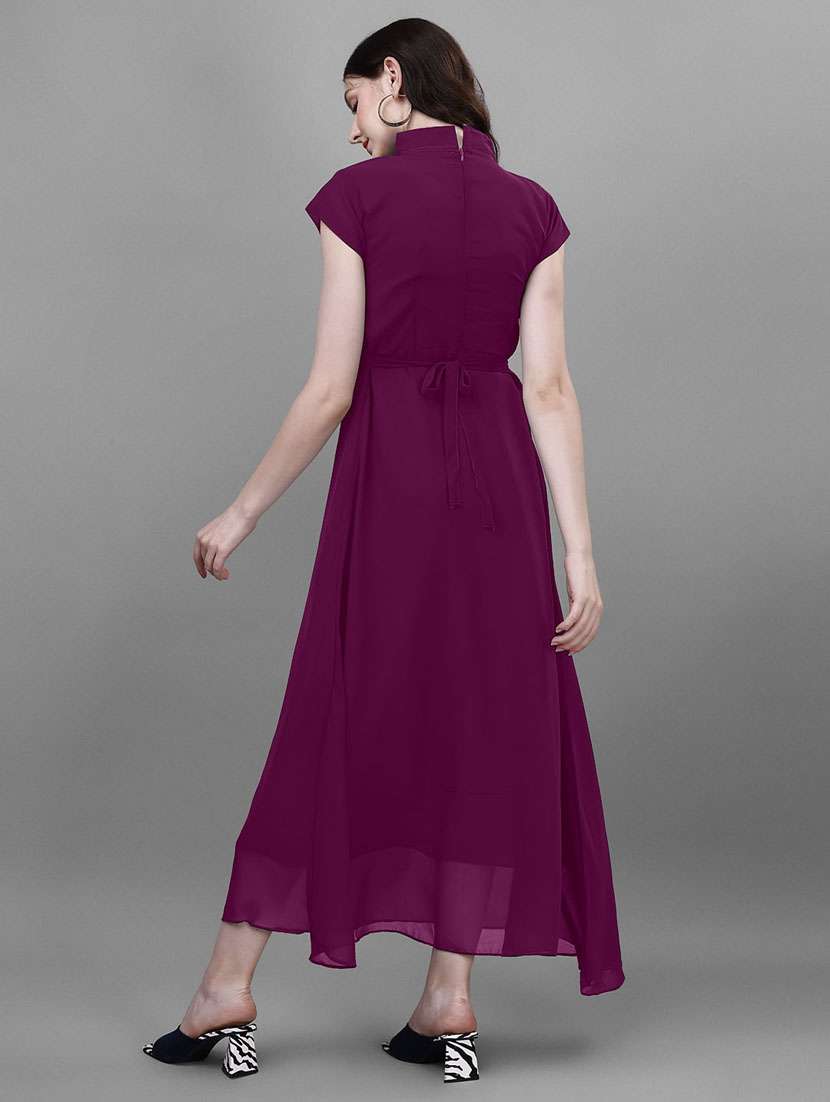 women solid mandarin neck fit & flare maxi dress - 21972570 -  Standard Image - 3