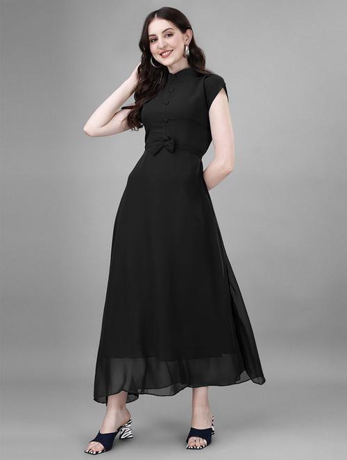 women solid mandarin neck fit & flare maxi dress - 21972571 - Standard Image - 0
