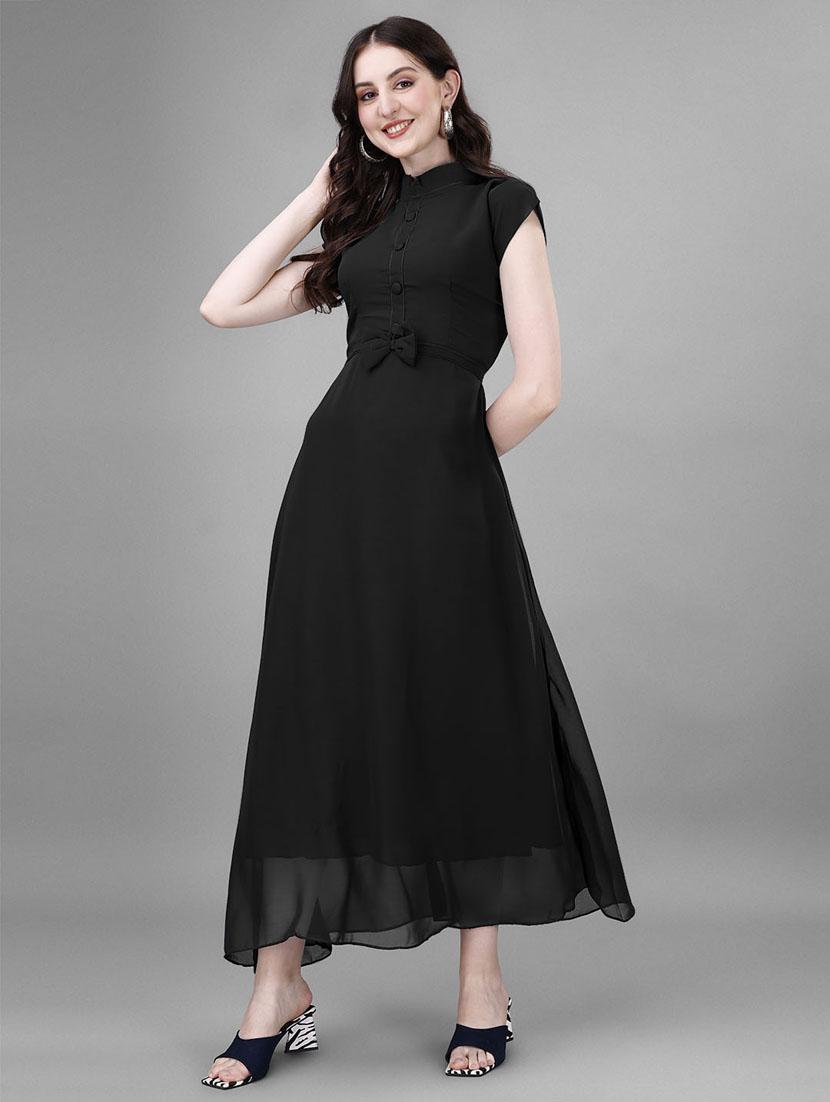 women solid mandarin neck fit & flare maxi dress - 21972571 -  Zoom Image - 0