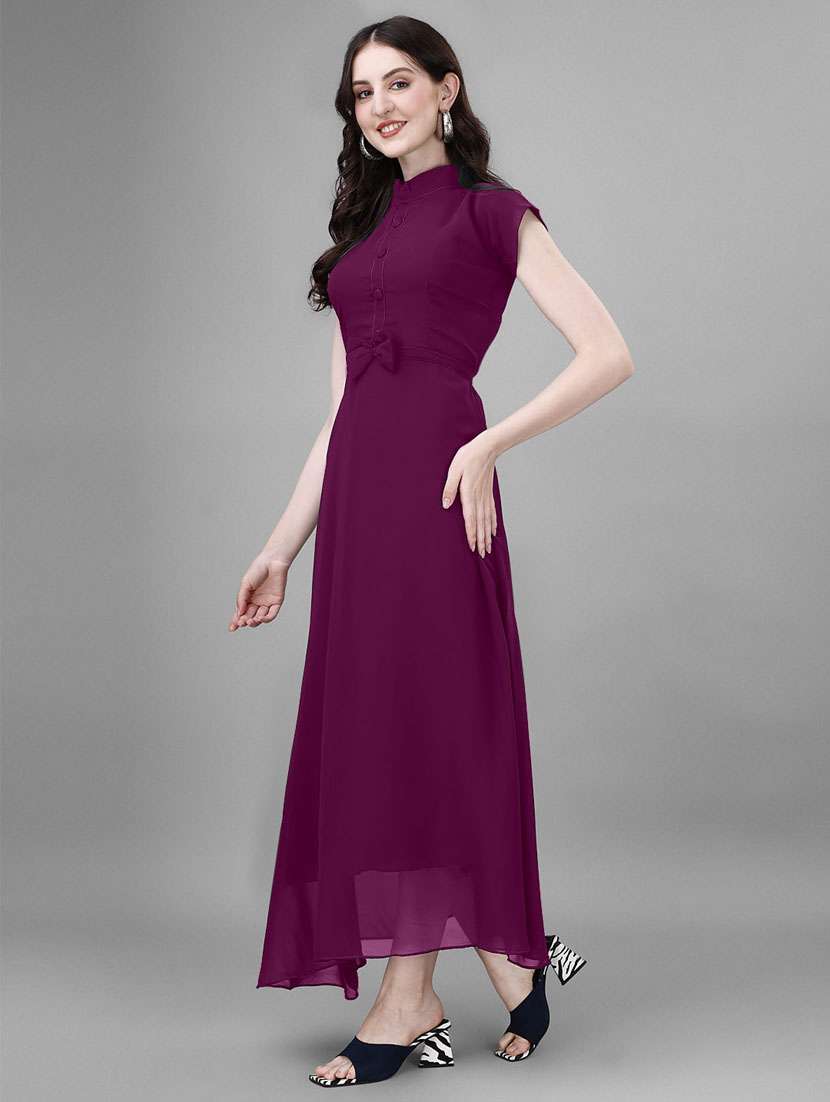 women solid mandarin neck fit & flare maxi dress - 21972576 - Zoom Image - 0
