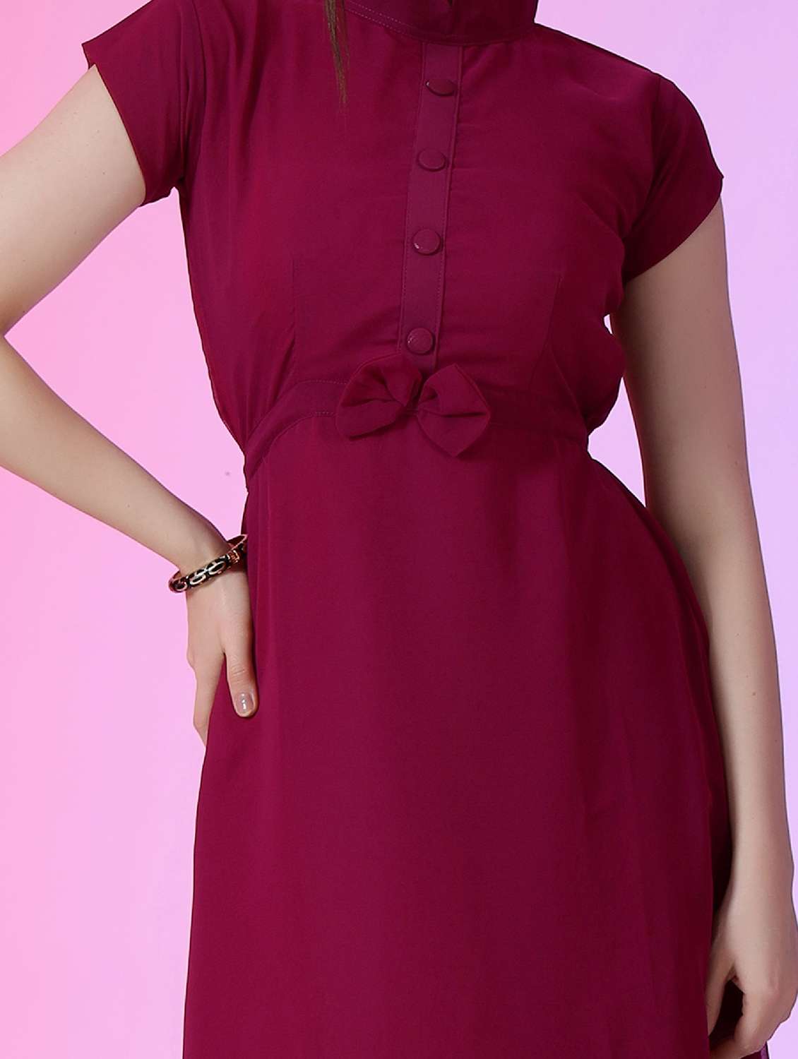 women solid mandarin neck fit & flare maxi dress - 21972579 -  Standard Image - 3