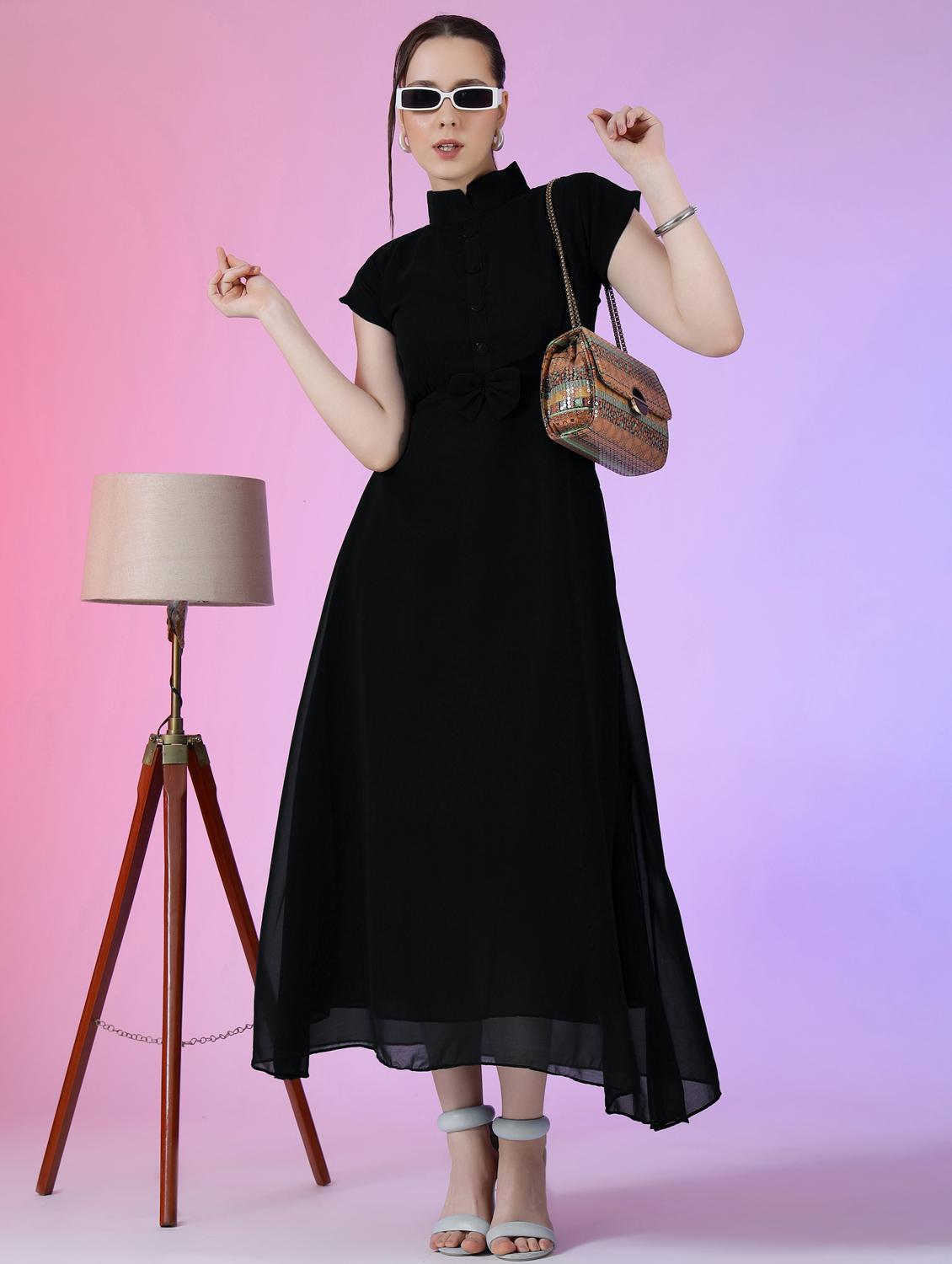 women solid mandarin neck fit & flare maxi dress - 21972581 -  Zoom Image - 0