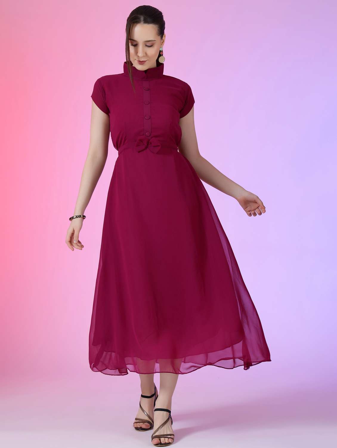 women solid mandarin neck fit & flare maxi dress