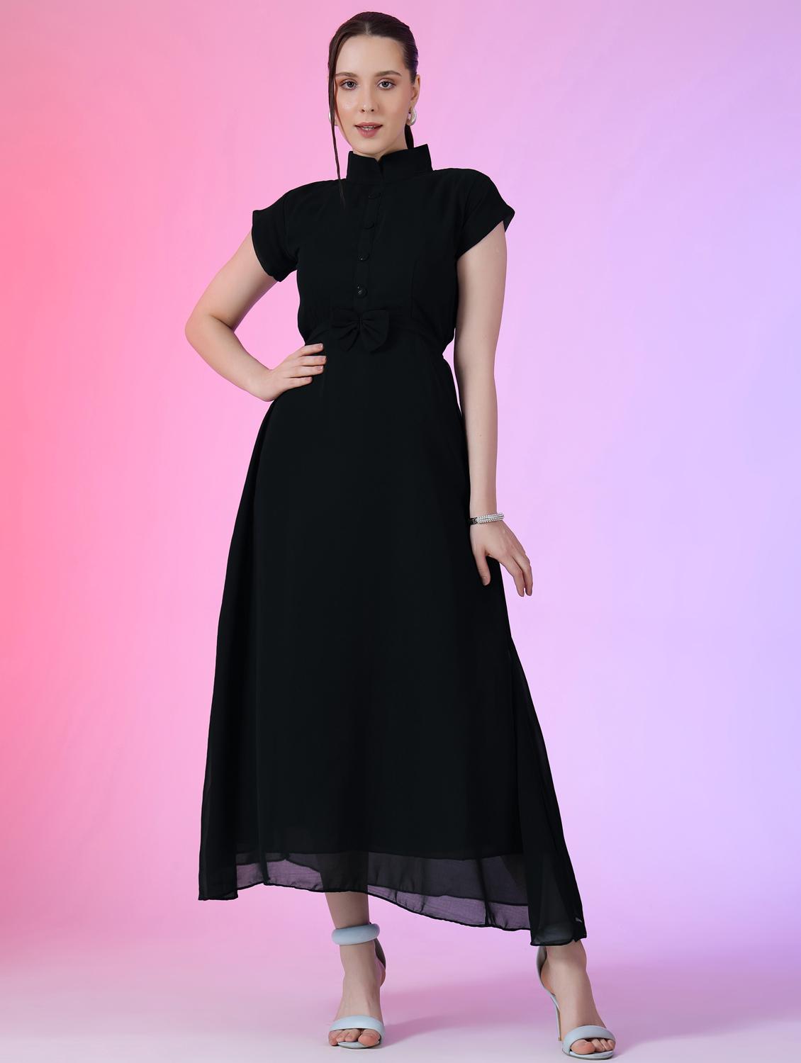 women solid mandarin neck fit & flare maxi dress - 21972587 -  Zoom Image - 0