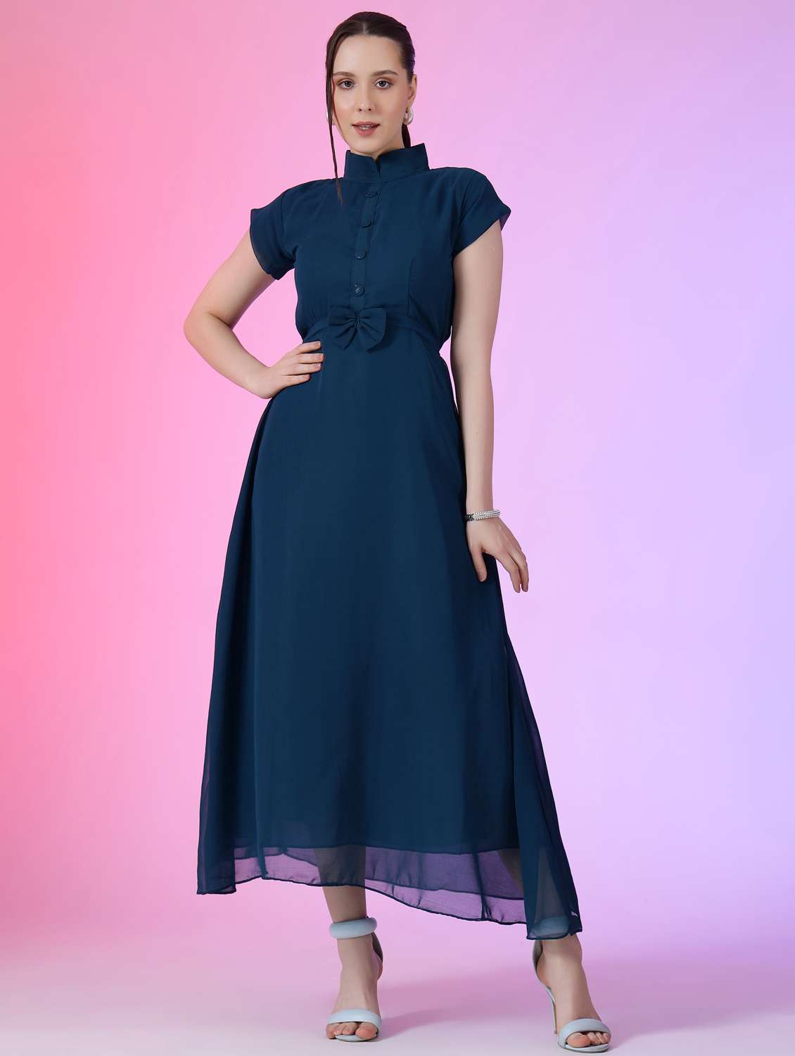 women solid mandarin neck fit & flare maxi dress