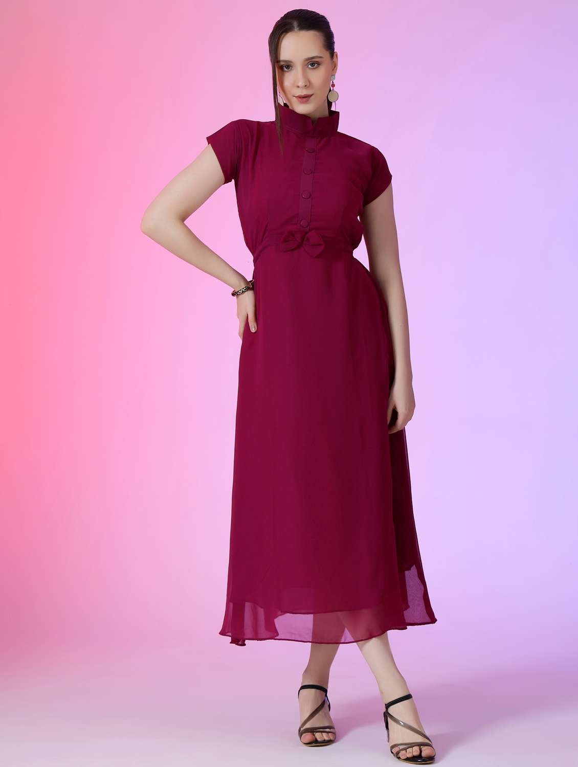 women solid mandarin neck fit & flare maxi dress