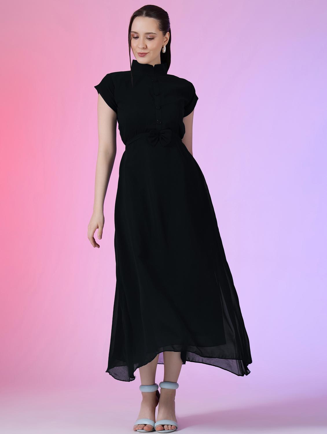 women solid mandarin neck fit & flare maxi dress - 21972590 -  Zoom Image - 0