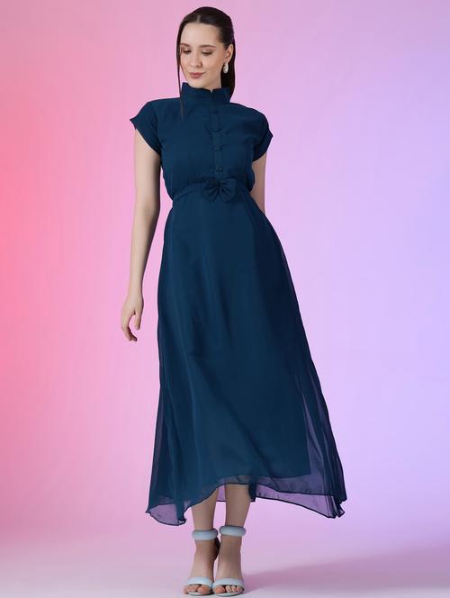 women solid mandarin neck fit & flare maxi dress - 21972591 - Standard Image - 0