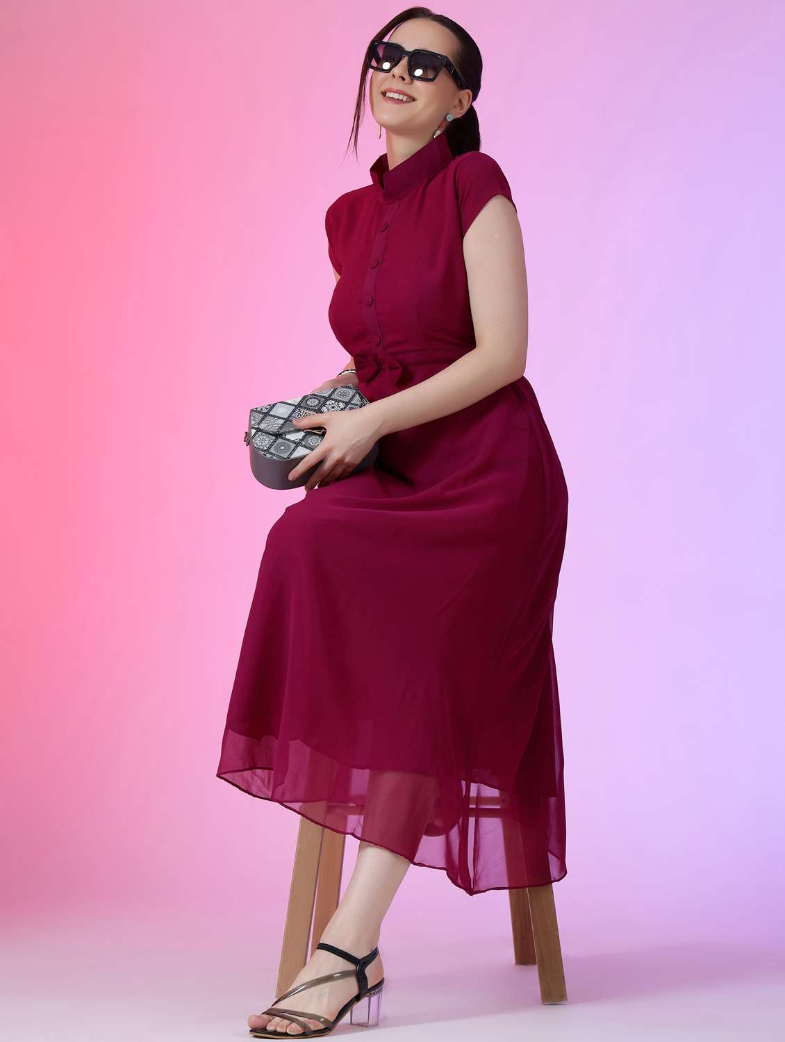 women solid mandarin neck fit & flare maxi dress - 21972595 -  Zoom Image - 0