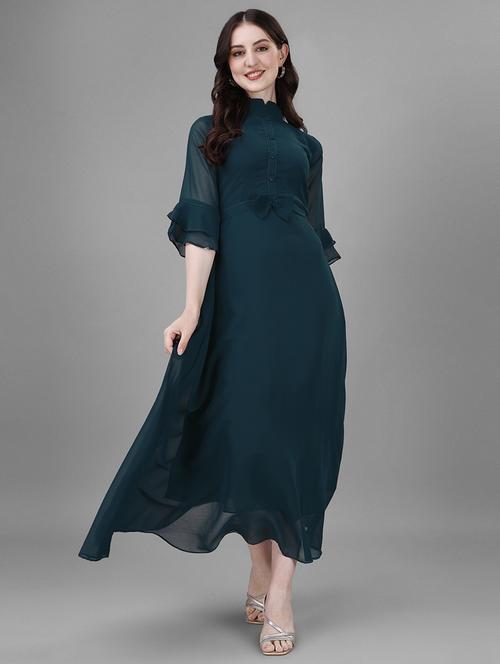 women solid mandarin neck fit & flare dress - 21972606 - Standard Image - 0