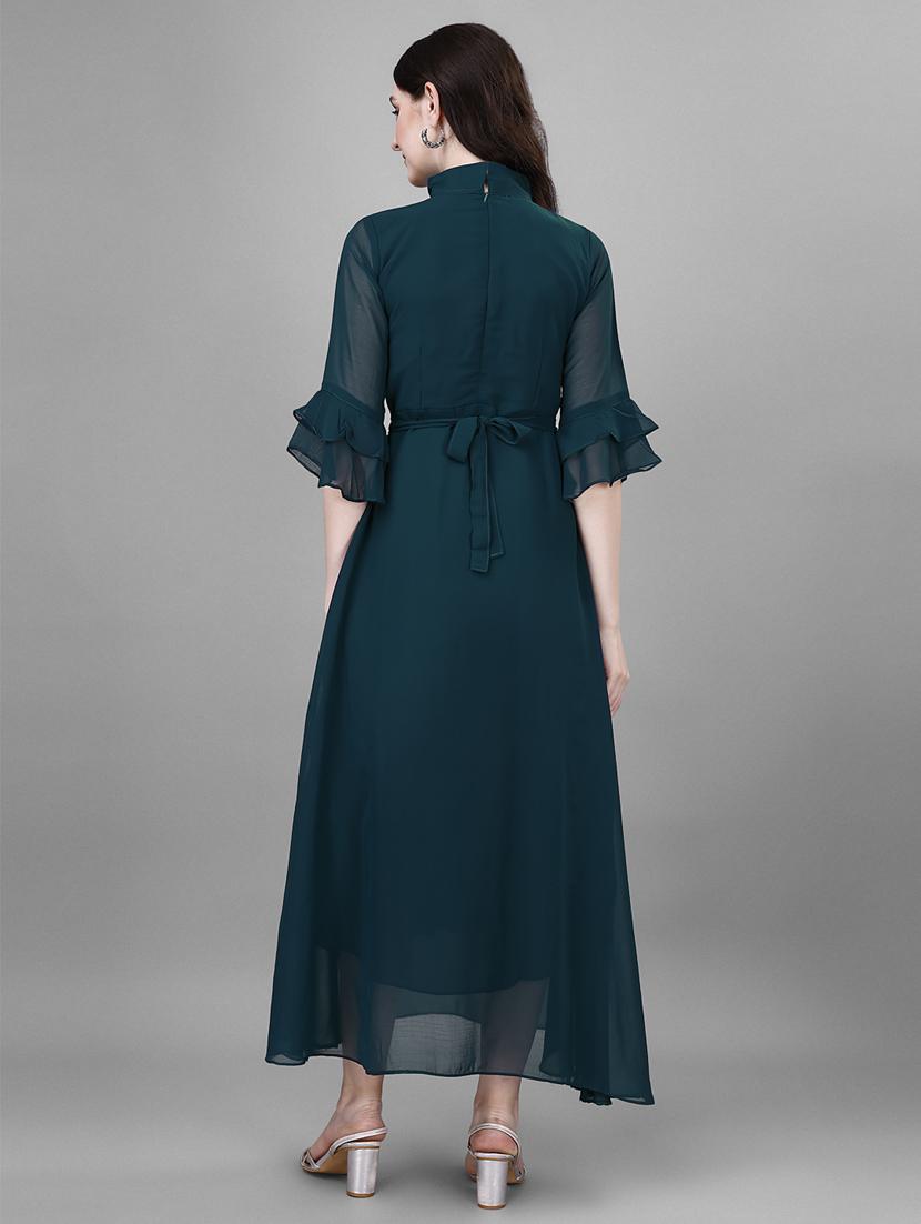 women solid mandarin neck fit & flare dress - 21972606 - Standard Image - 3